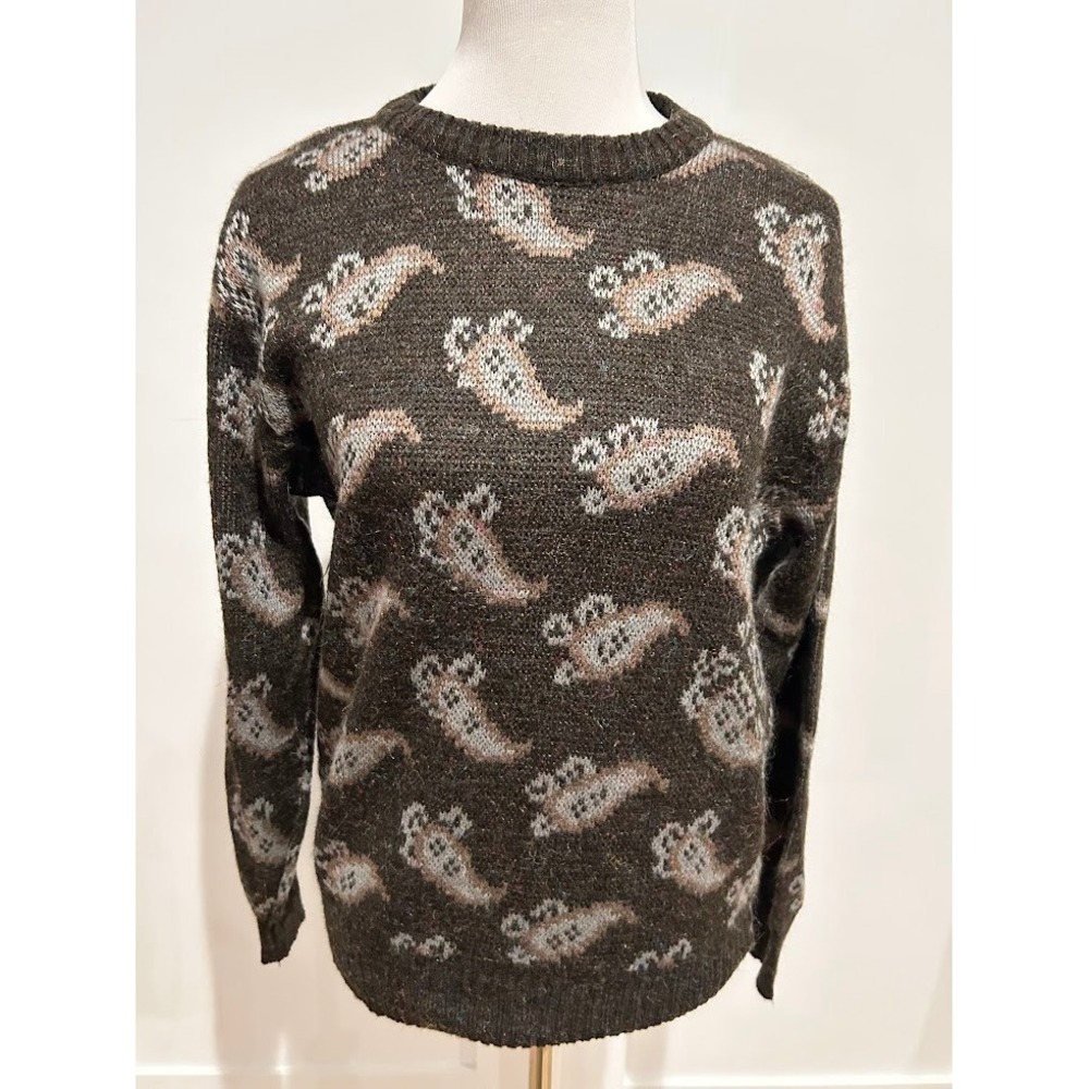KENNINGTON 1970's Paisley Knit Sweater Dark Brown Long Sleeve Crew Neck Vintage